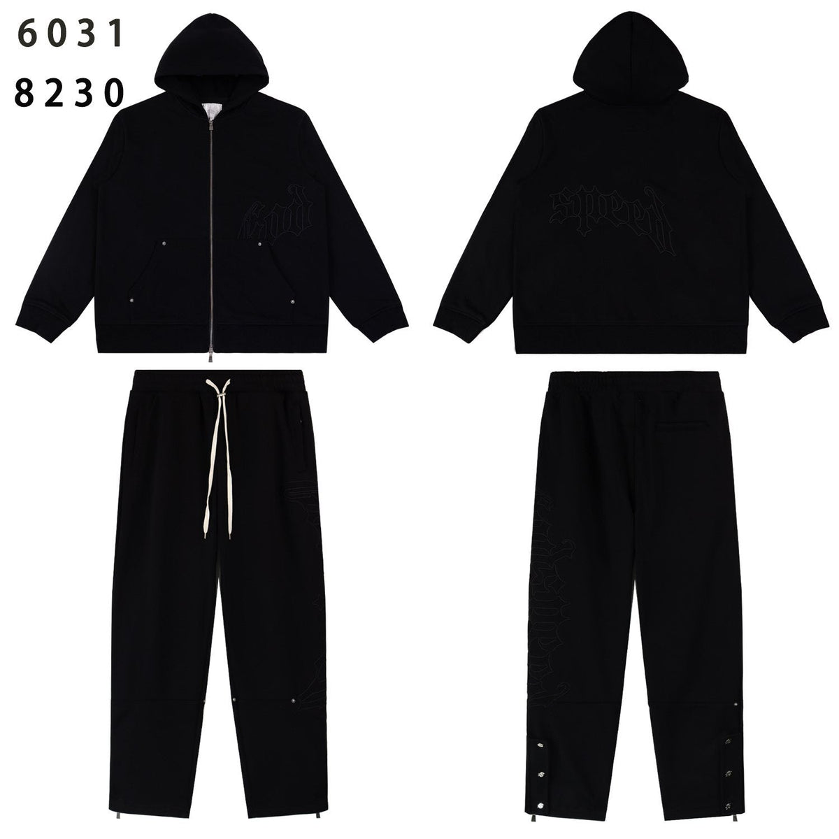 Godspeed Tonal Black Gothic Zip Hoodie Tracksuit Set — front