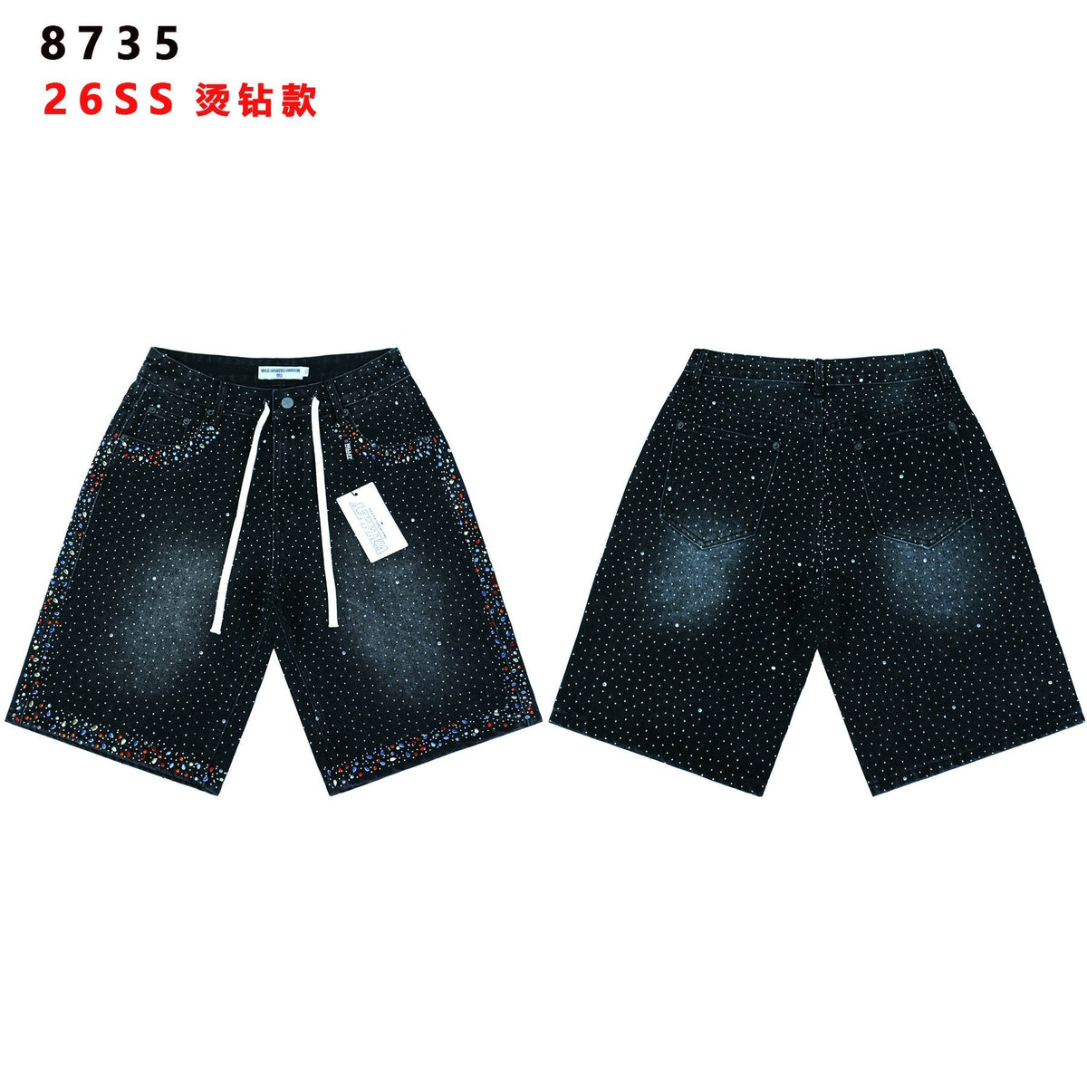 VALLEY Rhinestone Splatter Washed Denim Shorts — front